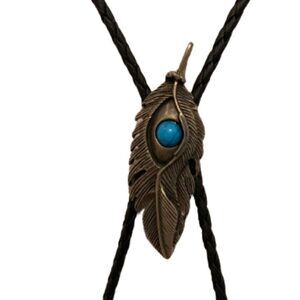 Western Feather Bolo Tie Necklace with Faux Turquoise Stone and Black Cord